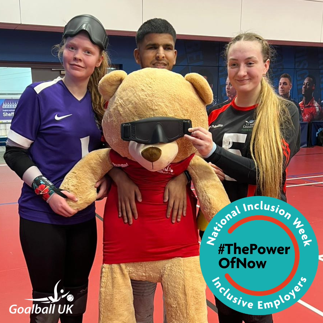 Three youth forum members with Dale the bear wearing an eye shield. They are looking toward the camera. There is a National Inclusivity Week logo in turquoise on the bottom right