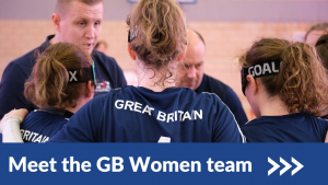 GB women chatting in a team huddle. There is a blue instruction banner which reads 'Meet the GB Women team' at the bottom, indicating to click on the image for more details