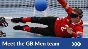 GB Men player saving a goal. There is a blue instruction banner which reads 'Meet the GB Women team' at the bottom, indicating to click on the image for more details