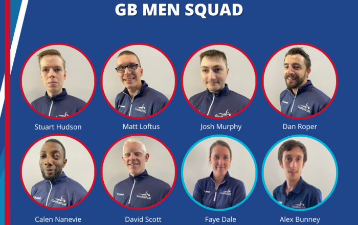 Graphic showing headshots of all GB players and support staff in circles. The background is blue and the goalball uk logo is in the bottom right