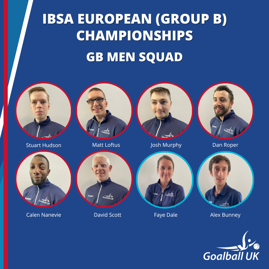 Graphic showing headshots of all GB players and support staff in circles. The background is blue and the goalball uk logo is in the bottom right