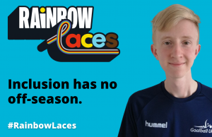 Promotional graphic with a photo of Leo Johnson on the right, the Rainbow Laces logo on the top left and the wording 'Inclusion has no off-season'