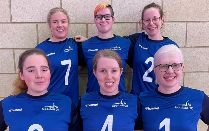 GB Women team shot in blue GB kit. Left to right top row is Megan, Amelia and Antonia. On the front row left to right is Lois, Georgie and Sarah