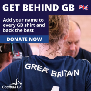 Get Behind GB graphic, with Georgie Bullen with her back to camera showing her GB shirt. Banners are around Georgie reading "Get Behind GB, add your name to every GB shirt and back the best!"