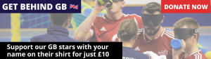 Promotional graphic showing the Get Behind GB campaign with GB Men in the background