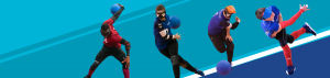 Promotional graphic showing cutout images of goalball players on a varied blue background