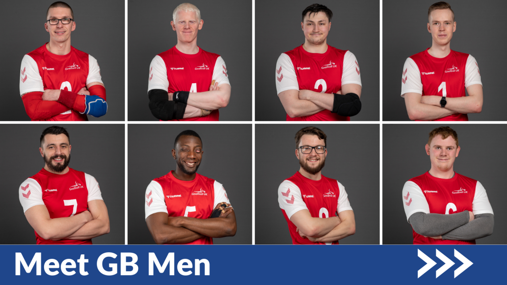 Grid of images showing the GB men headshots with text at the bottom which reads Meet GB Men and an arrow pointing right