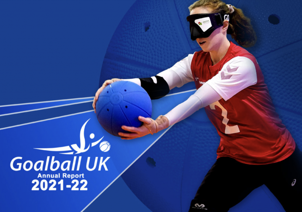 Cover image of the Annual Report with a blue background and a female goalball player ready to throw the ball. The title and Goalball UK logo are in white text