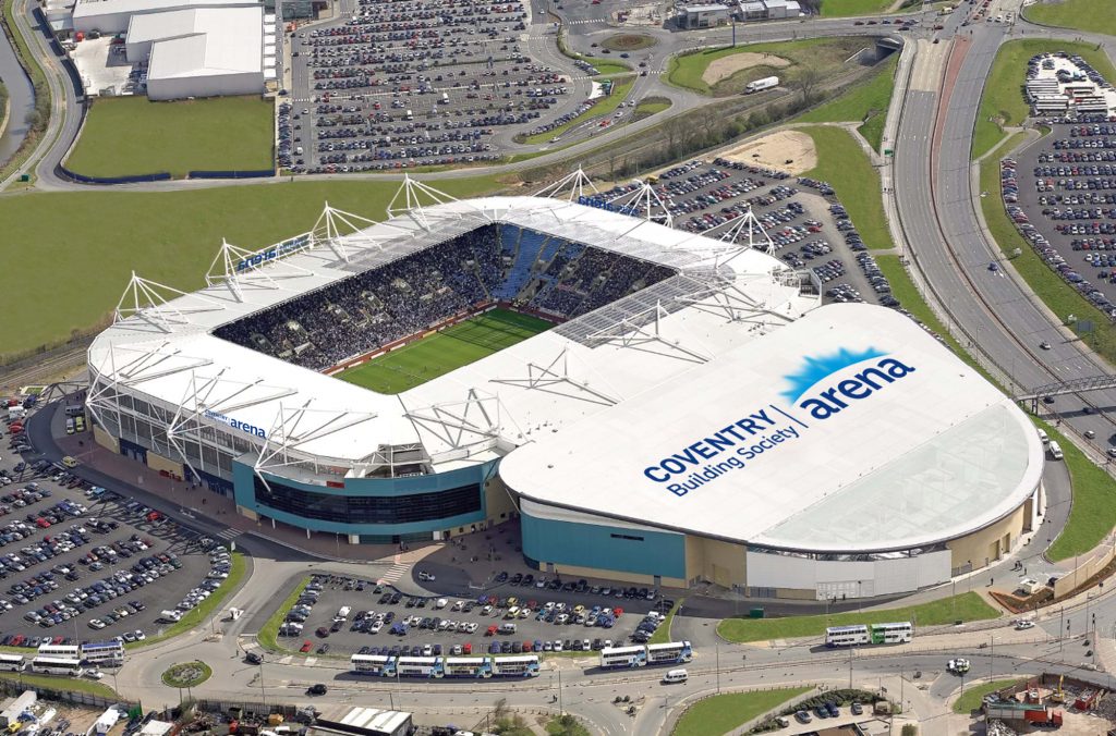 An aerial view of the Coventry Building Society Arena on a sunny day