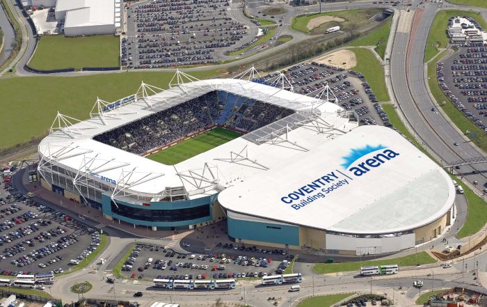 An aerial view of the Coventry Building Society Arena on a sunny day