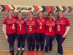 GB Women's squad of 6 at the Malmo Lady Intercup 2022. Left to right in their red GB shirts: Georgie, Megan, Meme, Antonia, Alex, and Lois.