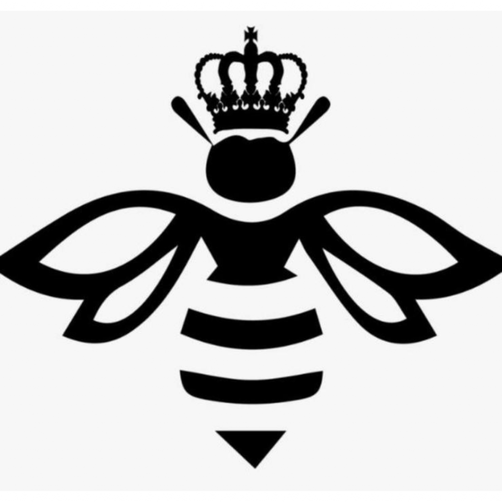 a black and white bee outline with a crown on it's head