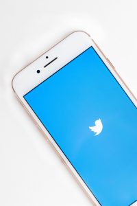 flatlay of a white smartphone on a white background. The twitter bird logo is on the phone screen against a sky blue background