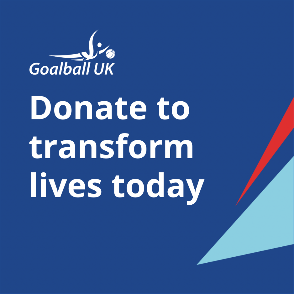 Blue square with white text and the words 'donate to transform lives today'