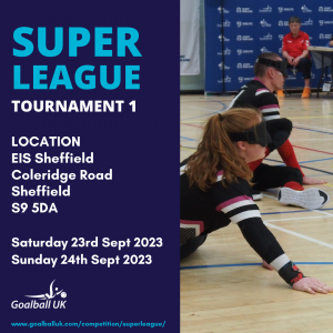 Branded graphic showing the date and location of the tournament on the left with three Northern Allstars goalball players on the right during a game
