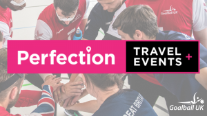 Perfection travel logo in pink and black with a photo of GB Men in the background