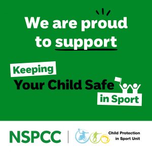 Branded graphic with the text 'we are proud to support keeping your child safe in sport'
