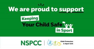 Branded graphic with the text 'we are proud to support keeping your child safe in sport'