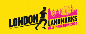 Yellow background with the text 'London Landmarks Half Marathon 2024' in black and pink text. There is a silhouette of a runner in black and a pink outline of London landmarks such as the London Eye.