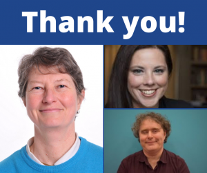 Grid with the headshots of Alison Burchell, Grace Clancey and Dyfrig Lewis-Smith on a blue background with the words 'Thank you!' in white text above it.