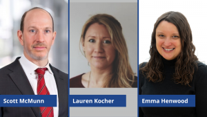 The three new directors from L-R Scott McMunn a male in a grey suit with a red tie, Lauren Kocher a female with long blonde hair and a brown top and Emma Henwood, a female with long brown hair wearing a black rollneck top