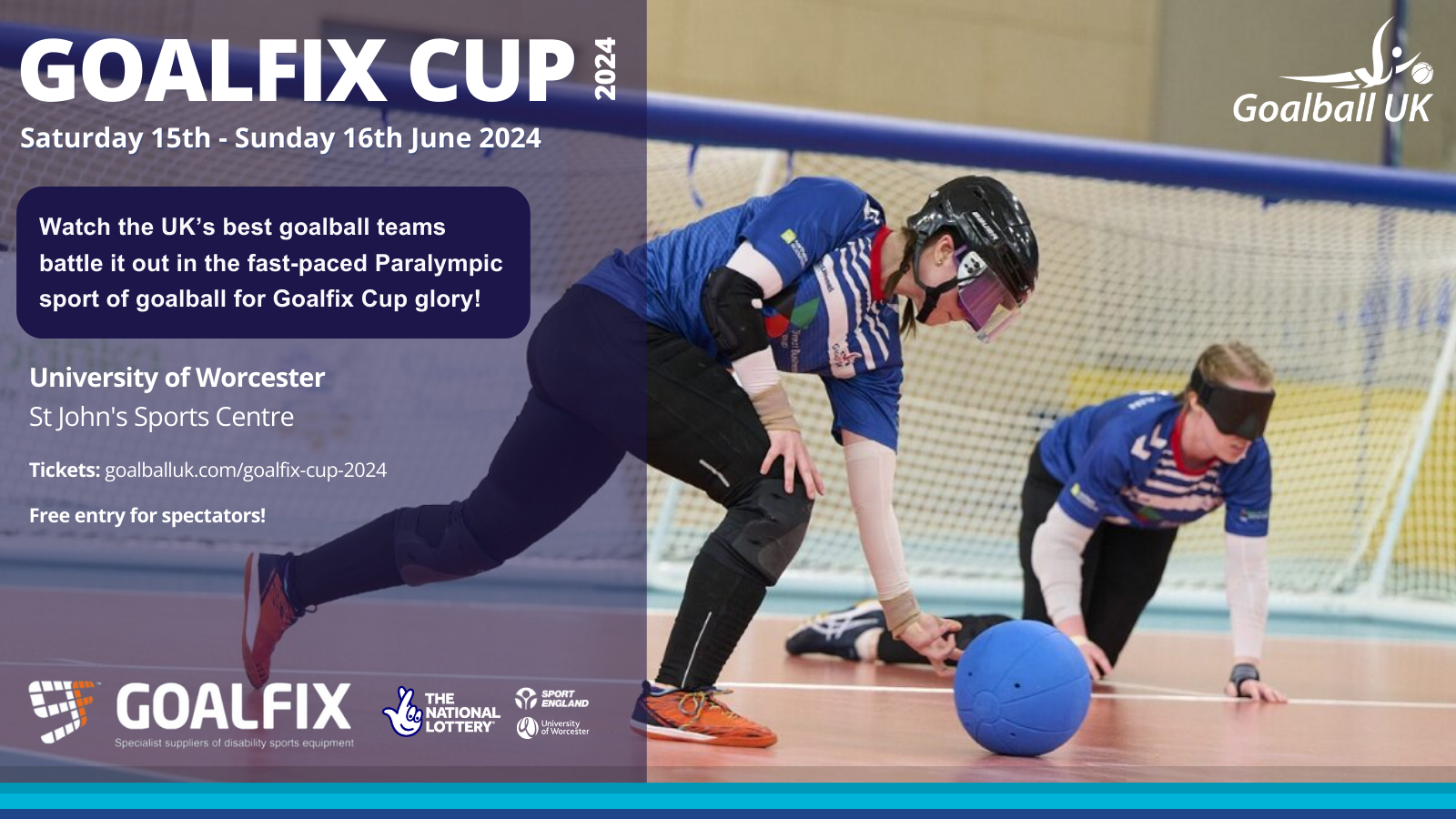 Goalfix Cup promotional banner with the details of the event on the left and a photo of two GB Women players in action during a game