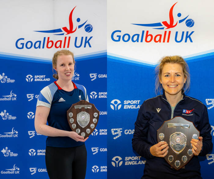 2023 - 2024 Award Winners Georgie Bullen and Becky Ashworth. The image is split into two halves, with the left being Georgie holding her player of the season plaque. And on the right is Becky Ashworth holding her Keith Lound Service to Sport Award.