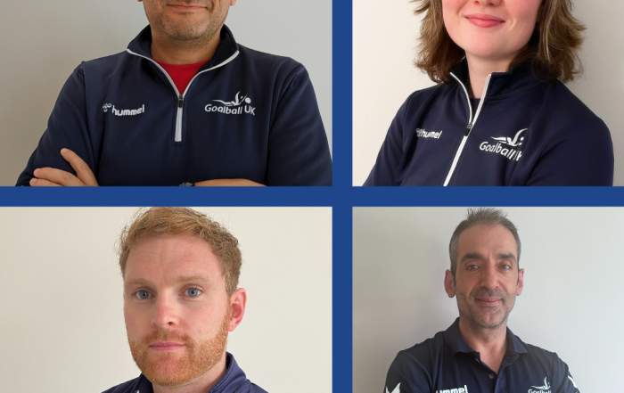 A grid of 4 profile photos of our new coaches all wearing navy blue Goalball UK jackets or shirts. Top left is Gary Lambert, top right is Ella Strachan. Bottom left is Alex Jones, and bottom right is Ferhat Esatbeyoglu.