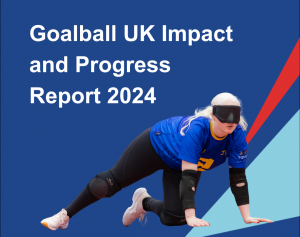 Female goalball player on a blue background