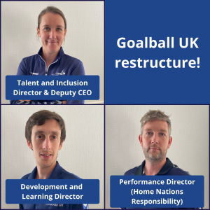 Goalball UK restructures graphic, in a square grid layout with four sections. Top left is a photo of Faye Dale-Cook with text reading "Talent and Inclusion Director, deputy CEO", bottom left is a photo of Alex Bunney with the title "Development and Learning Director", and bottom right is Gary Fraser with the title "Performance Director, home nations responsibility". Top right is a blue background with white text "Goalball UK restructures".