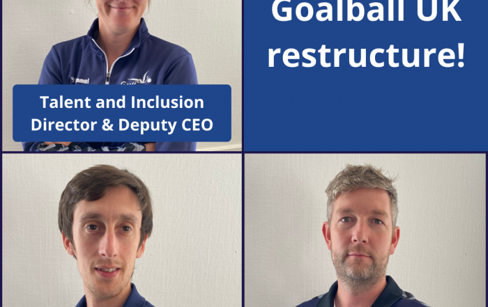 Goalball UK restructures graphic, in a square grid layout with four sections. Top left is a photo of Faye Dale-Cook with text reading "Talent and Inclusion Director, deputy CEO", bottom left is a photo of Alex Bunney with the title "Development and Learning Director", and bottom right is Gary Fraser with the title "Performance Director, home nations responsibility". Top right is a blue background with white text "Goalball UK restructures".