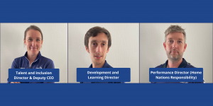 Goalball UK restructures graphic, in a square grid layout with four sections. Top left is a photo of Faye Dale-Cook with text reading "Talent and Inclusion Director, deputy CEO", bottom left is a photo of Alex Bunney with the title "Development and Learning Director", and bottom right is Gary Fraser with the title "Performance Director, home nations responsibility". Top right is a blue background with white text "Goalball UK restructures".