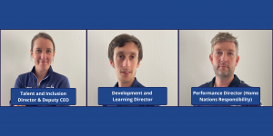 Goalball UK restructures graphic, in a square grid layout with four sections. Top left is a photo of Faye Dale-Cook with text reading "Talent and Inclusion Director, deputy CEO", bottom left is a photo of Alex Bunney with the title "Development and Learning Director", and bottom right is Gary Fraser with the title "Performance Director, home nations responsibility". Top right is a blue background with white text "Goalball UK restructures".