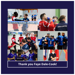 Thank you Faye Dale-Cook graphic, on a dark blue background with a collage of images of Faye during her time as GB Men's Head coach, including individual images of Faye coaching during a game, and team timeouts with everyone in a circle.