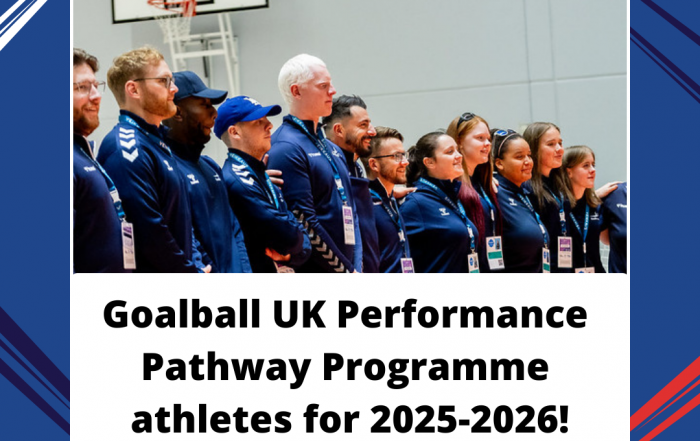 Great Britain Men and Women standing together in a line, side by side, at the opening ceremony of the IBSA goalball European A Championships. Everyone is wearing navy blue Great Britain jackets, tracksuit bottoms or shorts. Overlayed the image is bold navy blue text "Goalball UK Pathway Athletes for 2025-2026!"