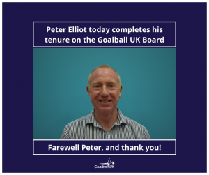 Thank you Peter Elliott graphic! On a dark blue background, white text reading "Thank you Peter Elliott!". There's a photo of Peter standing in front of a turquoise wall in a smart buttoned, striped shirt. He is smiling to the camera.