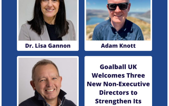Blue background, with three images, one of each director. Top left is Dr Lisa Gannon, top right is Adam Knott, bottom left is Ian Clarke. Bottom right is bold text which reads "Goalball UK Welcomes three new directors to strengthens its board!".