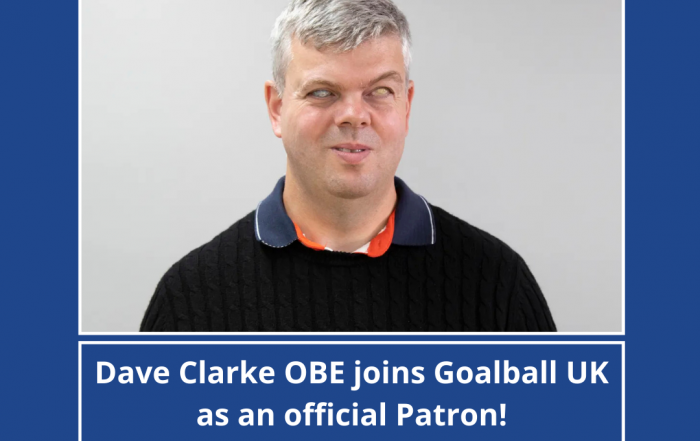 Dave Clarke professional profile photo, overlaid on a blue background with the title text reading "Dave Clarke OBE joins Goalball UK as an official patron!"