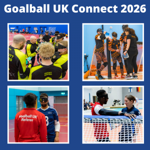 Image with 4 coaching and officiating images from goalball competitions.