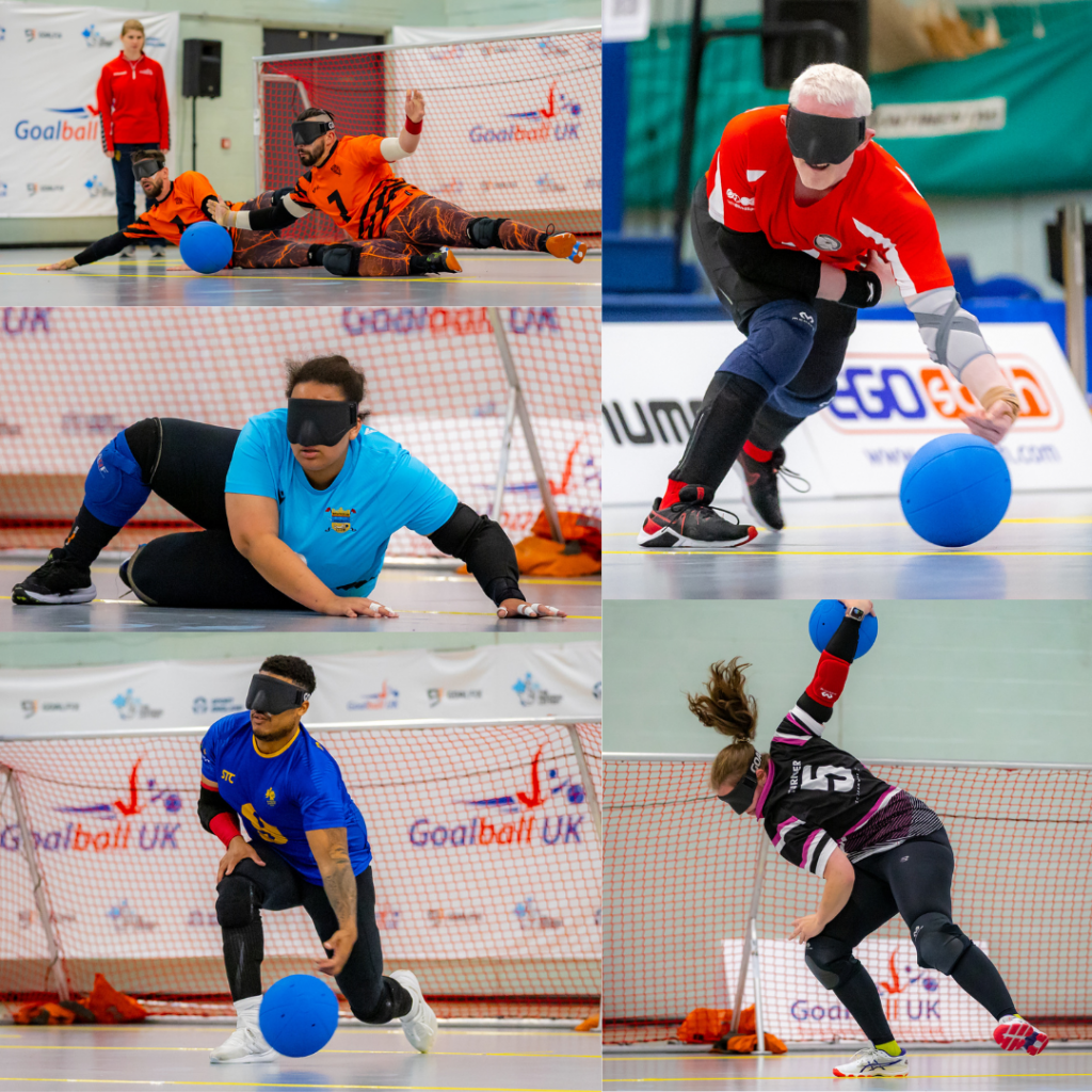 5 goalball players, 3 shooting and 2 defending.