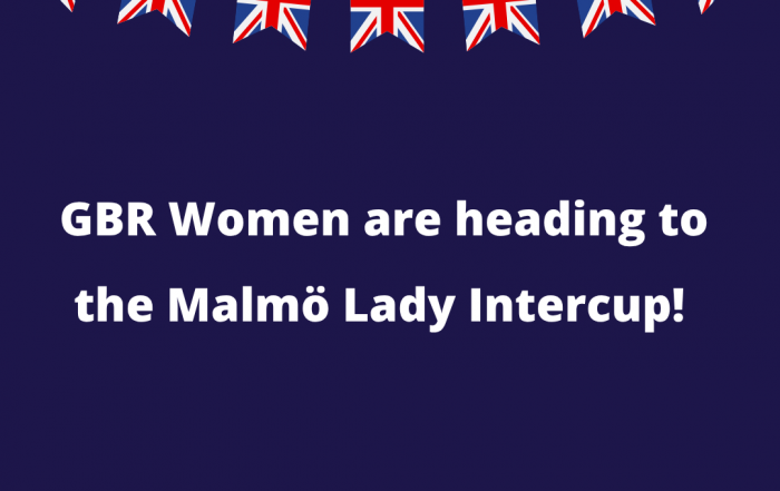 Graphic with Union Flag bunting across the top. Underneath is the text 'GBR Women are heading to the Malmö Lady Intercup' in white text on a dark blue background. At the bottom is the Goalball UK logo in white.
