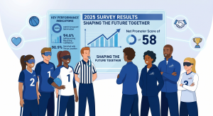 A detailed infographic shows a group of blindfolded goalball players, a referee, and other un-blindfolded participants gathered in a conference hall before a large interactive presentation screen. The central screen displays a blue line graph with an upward trend, titled "2025 SURVEY RESULTS - SHAPING THE FUTURE TOGETHER". To the left of the main graph is a new infographic panel with detailed "KEY PERFORMANCE INDICATORS", including "100% Admin & Support Satisfaction", "94.6% Safeguarding Reporting Confidence", and "90.9% Satisfied with Venue Location", each with a visual icon. To the right of the main graph is the Net Promoter Score panel showing a score of 58 with a circular chart. All previous figures and surrounding icons (heart, ball, handshake, trophy) remain, but the winner of the voucher is no longer mentioned. The illustration has a blue, white, and red colour scheme.