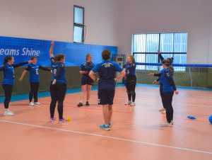 The GB Women's squad warming up on the warm up court ahead of a game at the IBSA Goalball World Championships 2026.