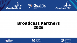 Broadcast partner promotional graphic. The top and bottom of the graphic are blue, and the middle is white with black text reading "Broadcast partners 2026"
