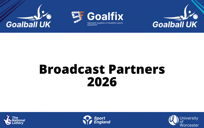 Broadcast partner promotional graphic. The top and bottom of the graphic are blue, and the middle is white with black text reading "Broadcast partners 2026"