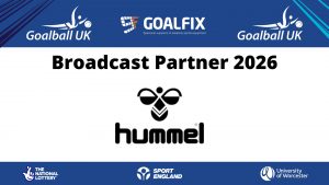 Broadcast partner promotional graphic. The top and bottom of the graphic are blue, and the middle is white with black text reading "Broadcast partner 2026" and the Hummel logo underneath.