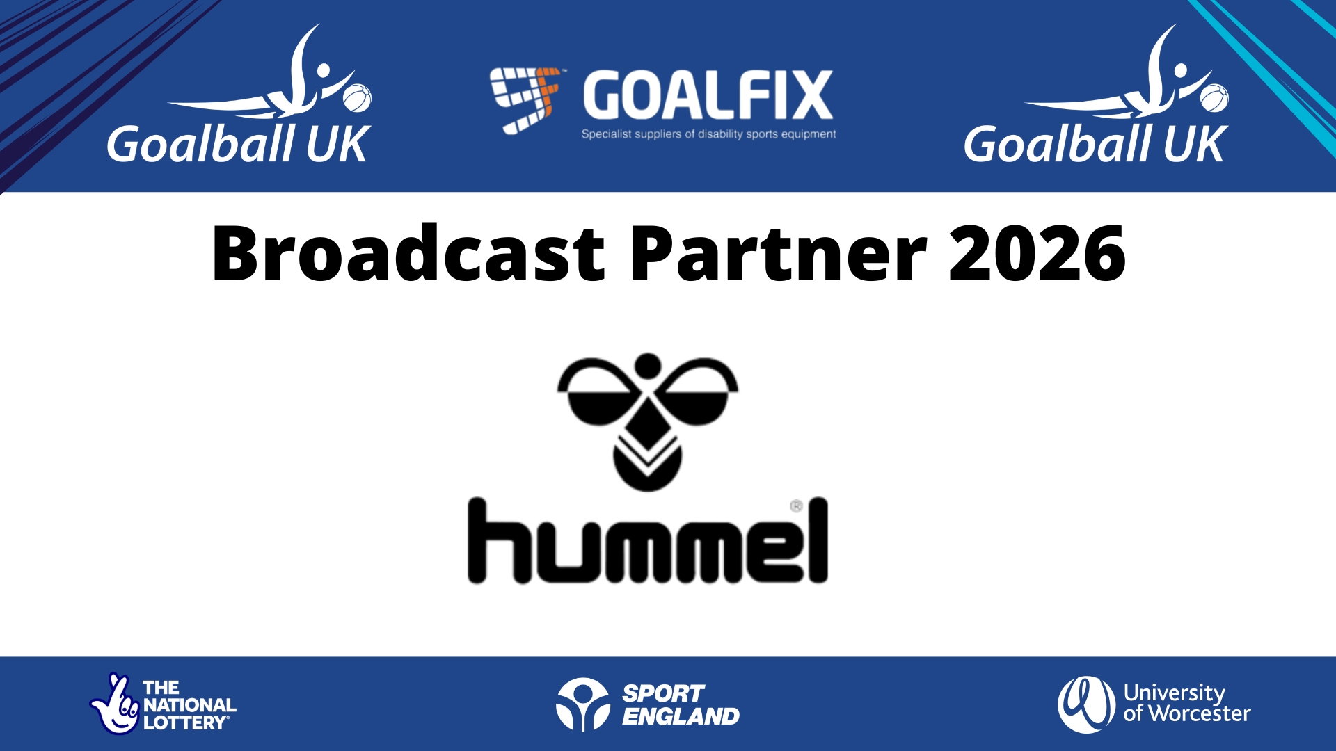 Hummel Broadcast partner promotional graphic. The top and bottom of the graphic are blue, and the middle is white with black text reading "Broadcast partner 2026" and the Hummel logo underneath.