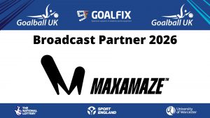 Broadcast partner promotional graphic. The top and bottom of the graphic are blue, and the middle is white with black text reading "Broadcast partner 2026" and the Maxamaze logo underneath.