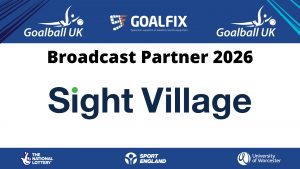 Broadcast partner promotional graphic. The top and bottom of the graphic are blue, and the middle is white with black text reading "Broadcast partner 2026" and the text "Sight village" underneath.