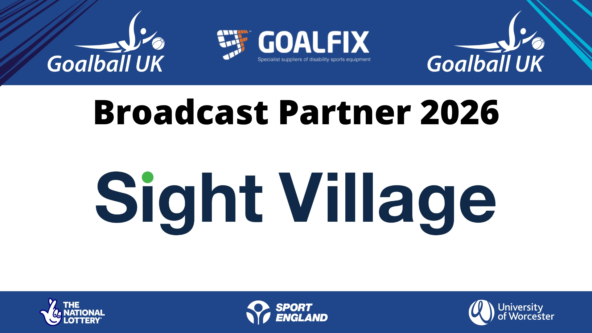 Sight Village Broadcast partner promotional graphic. The top and bottom of the graphic are blue, and the middle is white with black text reading "Broadcast partner 2026" and the text "Sight village" underneath.
